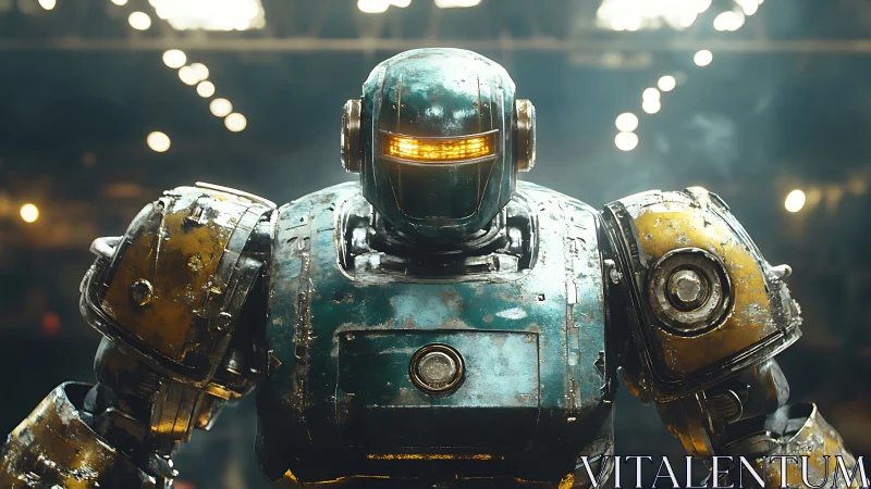 Battle-scarred arena robot waits under feverish neon hush.