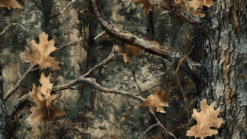 Oak leaves and weathered branches on textured bark.