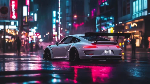 Widebody white GT3 under neon rain in urban nightscape.