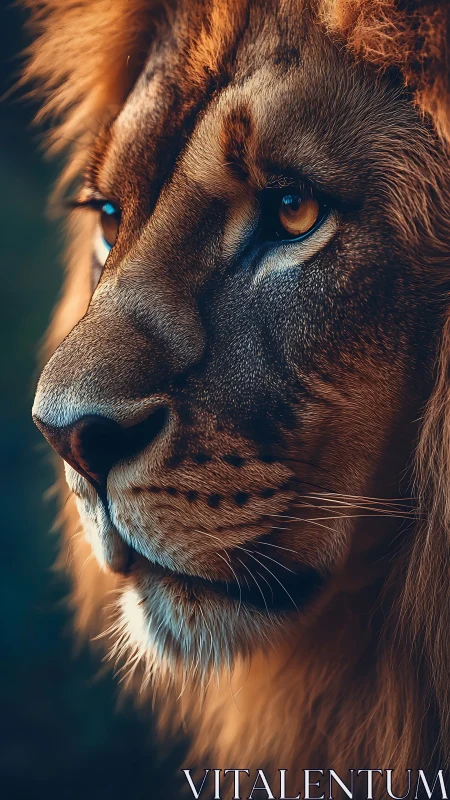 Majestic lion close-up portrait in warm sunset light.