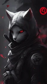Hooded anthropomorphic cat warrior with red eyes in armor.