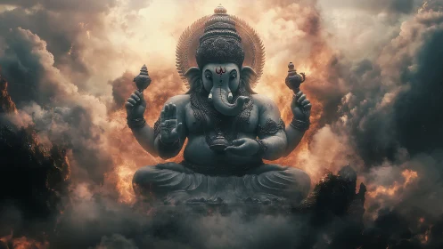Monumental Ganesha statue rendered in dramatic celestial clouds