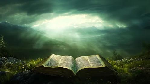 Illuminated ancient tome in misty alpine valley under stormlight