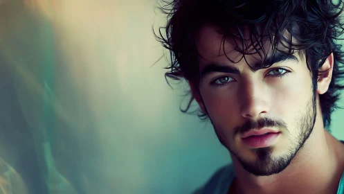 Close-cropped male portrait with teal-bokeh gradient backdrop