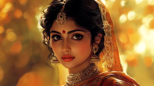 Bridal portrait shows ornate Indian jewelry under warm bokeh glow