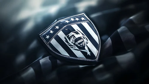 Shield emblem with striped crest and stylized grinning skull