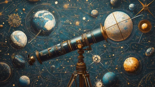 Celestial brass telescope surveys ornate painted cosmos.