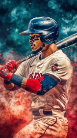 Crimson smoke swirls as the poised slugger loads pure power