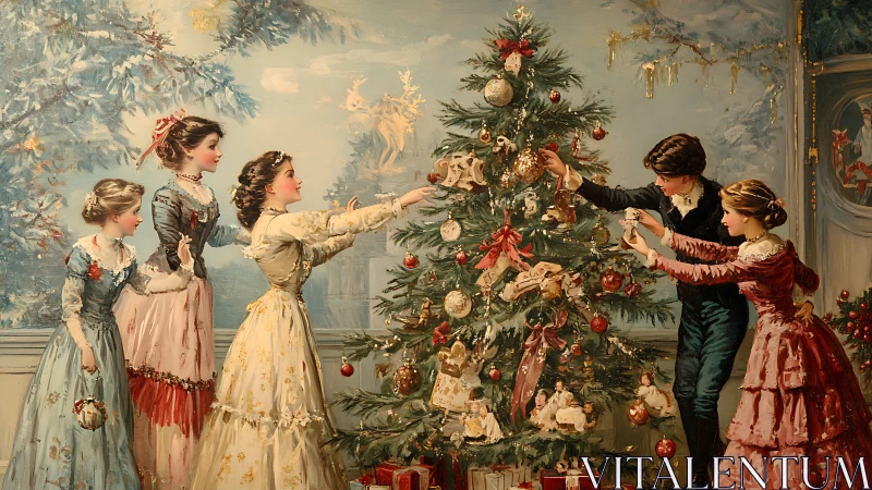 Victorian family decorates an ornate Christmas tree together.