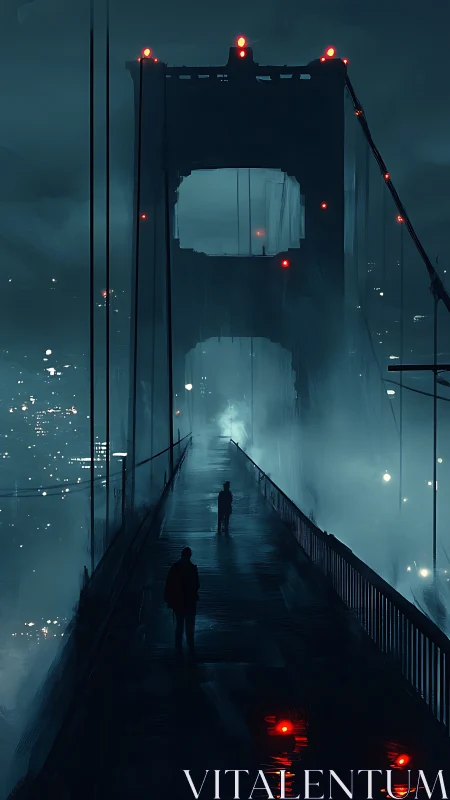 Cinematic digital bridge corridor in nocturnal fog perspective.