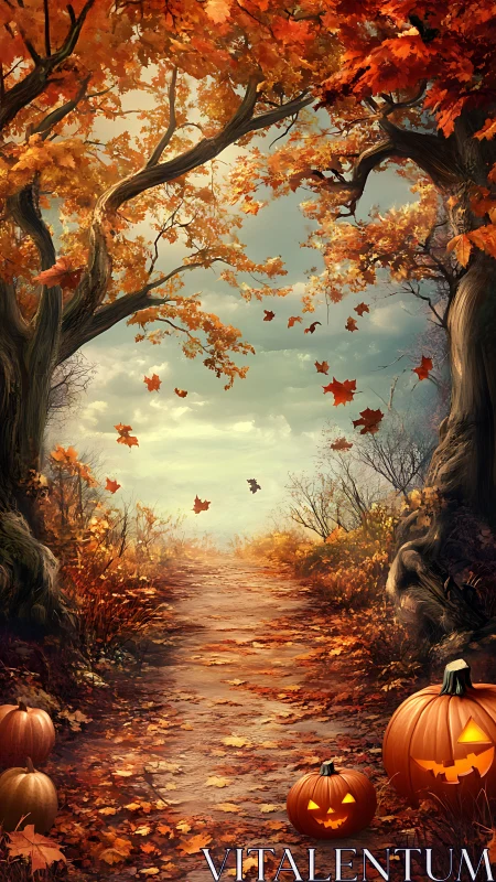 Digital rendering depicting autumn landscape with compositional convergence and fallingleaves