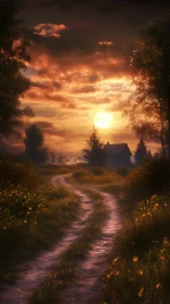 Rural dirt path curves toward distant cottage at sunset glow