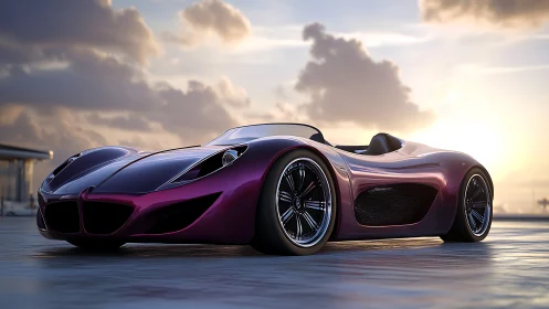 Sunlit magenta roadster concept on reflective rooftop deck.