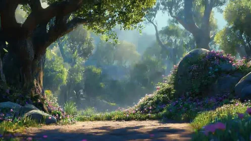 Ancient Forest Valley with Blooming Flowers and Misty Atmosphere.