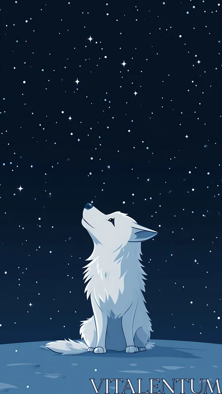 White wolf quietly gazes at a star-filled midnight sky.