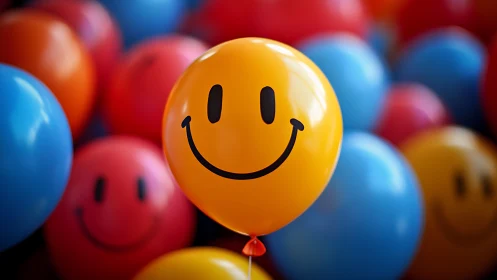 Smiley face balloon in sharp focus amid soft bokeh crowd
