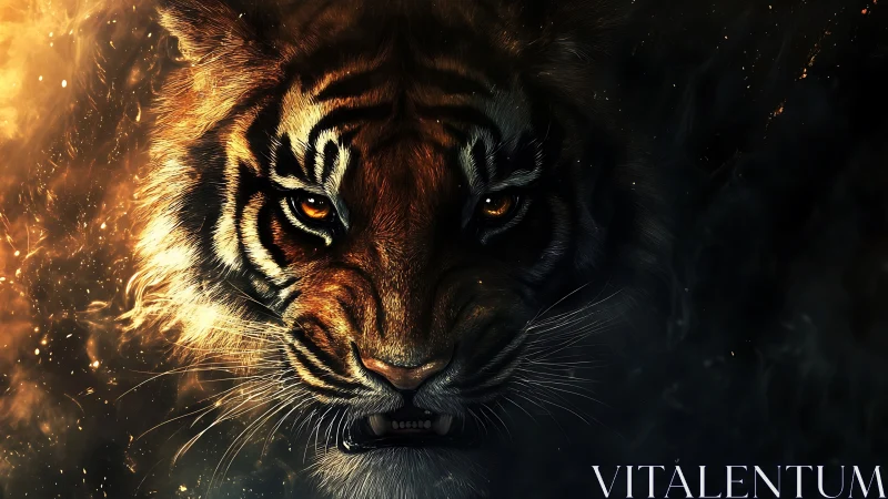 Fiery tiger face emerges from darkness with blazing eyes.