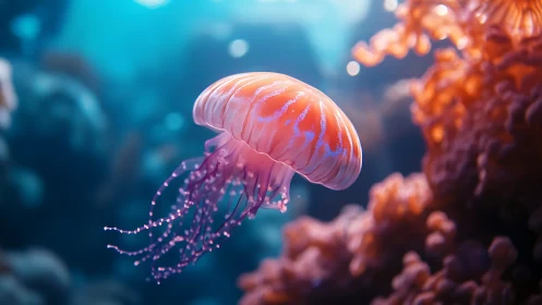 Solitary jellyfish suspended in softly lit marine water.