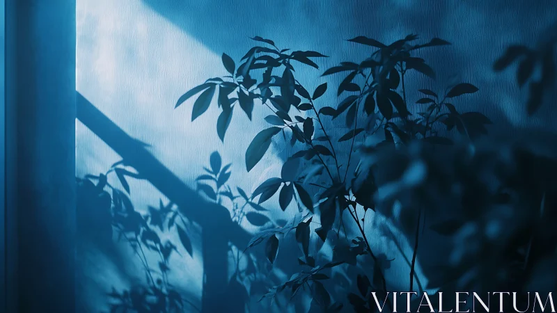 Dreamy Blue Plant Shadows on Wall in Soft Natural Light.