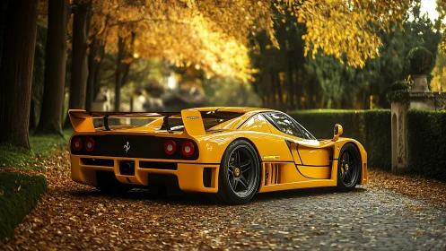Yellow supercar dominates autumn tree-lined cobblestone lane.