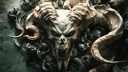Demonic ram skull relief with twisted horns and skull motif.