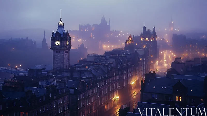 Foggy clock tower overlooks a softly glowing evening cityscape.
