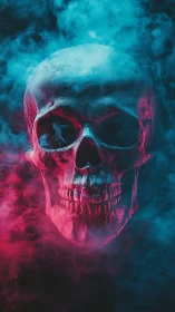Luminous skull emerges through neon smoke and shadowed mist.