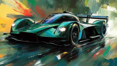 Sleek green race car surges through vivid rain soaked light