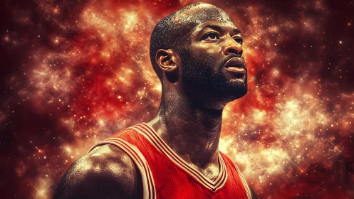 Basketball player portrait under fiery cosmic backdrop.