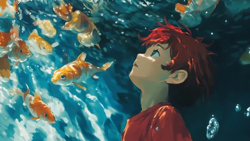 Boy with red hair looks upward underwater among koi fish