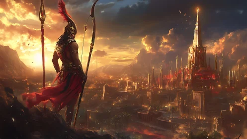 Warrior overlooks burning fantasy citadel at sunset.