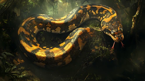 Jungle ember serpent coiled in dappled rainforest gloom.