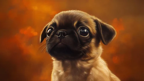 Tiny pug stargazes through molten-orange autumn light