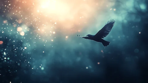 Digital painting of raven silhouette in cinematic backlight.