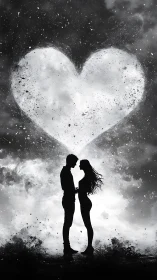 Silhouetted couple beneath heart-shaped celestial formation.