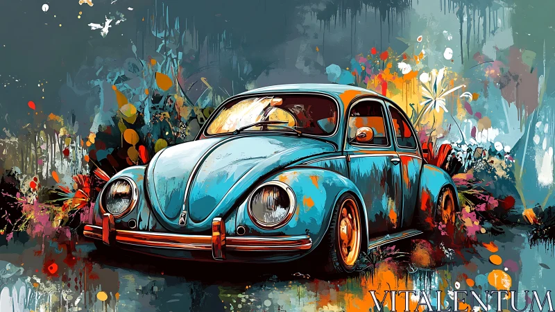 Vintage teal beetle framed by explosive abstract color field.