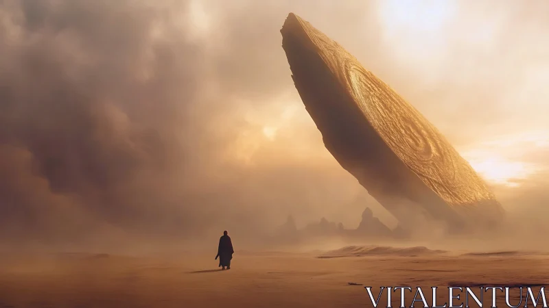 Colossal monolithic disc dominates a mist-laden desert horizon