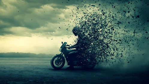 Motorcycle rider dissolving into fragmented particles at dusk.