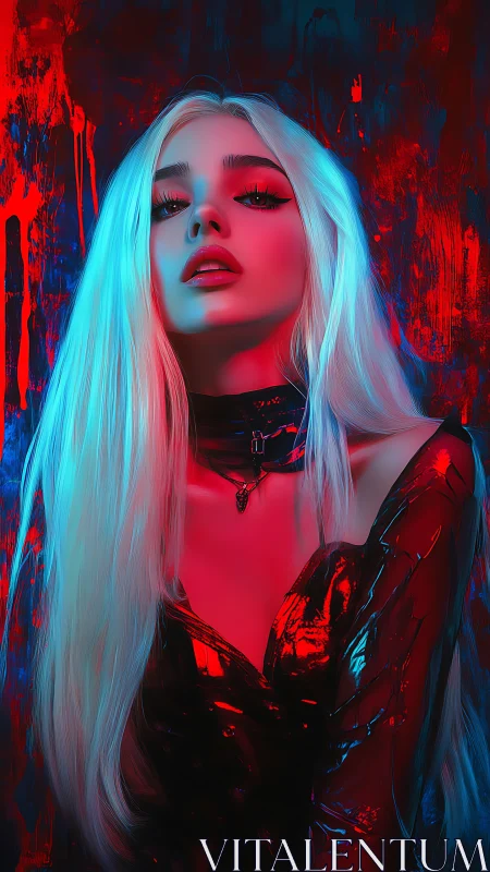 Neon-lit woman poses in glossy latex with cyan-red contrast