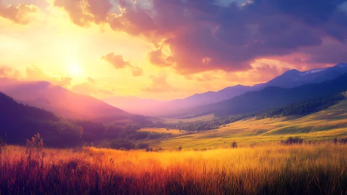 Spectral gradient sunset over volumetric mountain valley field.