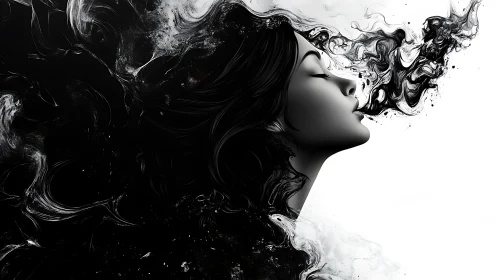 Ink-swept profile of serene woman dissolving into smoke.