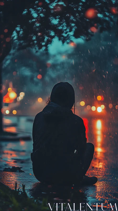 Person in hoodie sitting alone on wet city street at night.