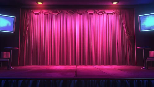 Empty stage with pink curtain and side seating in club.