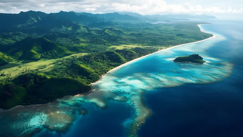 Aerial view of Hawaiian archipelago coastline featuring volcanic terrain and turquoise reef system.