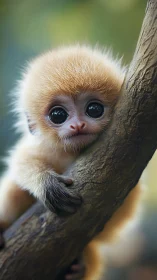 Young primate grips tree branch in close vertical portrait