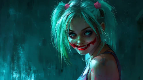 Smirking neon-haired trickster in eerie teal corridor.