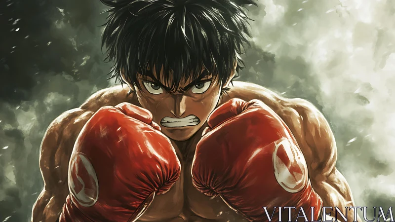 High-contrast anime boxer portrait with dynamic musculature definition and atmospheric rendering