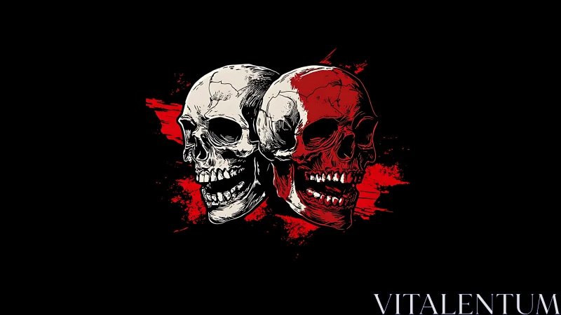 Twin skulls glow boldly against a vivid red splatter backdrop