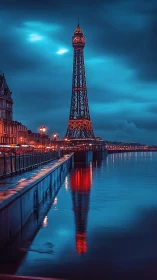Luminous tower glows over calm riverside promenade at dusk.