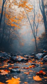 Autumn Forest Stream Through Morning Mist